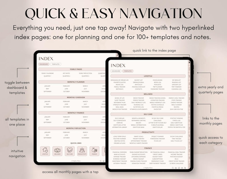 All-in-One Digital Planner – Undated, 705 Hyperlinked Pages for iPad & Android